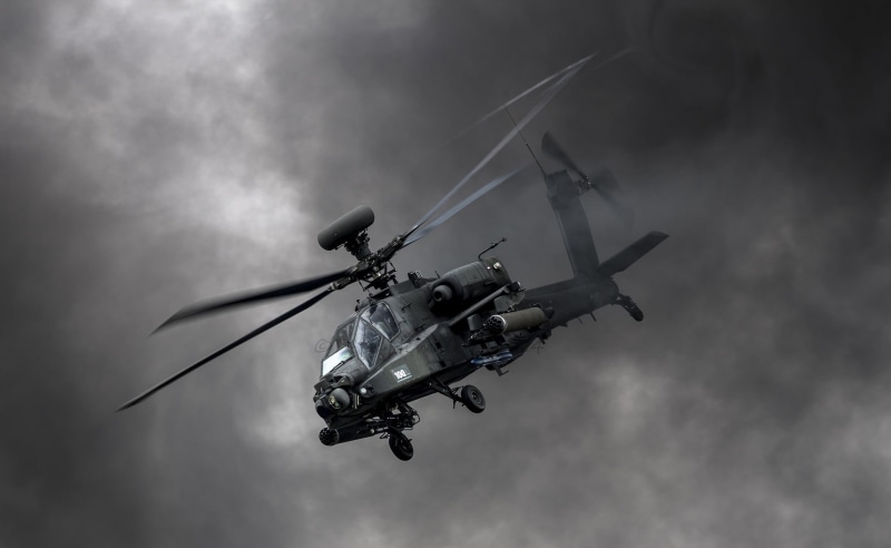 air vehicle, day, flying, outdoors, mid-air, military, army, aircraft, cloud - sky, war, AH-64 Apache, sky, no people, aggression, helicopter, airplane