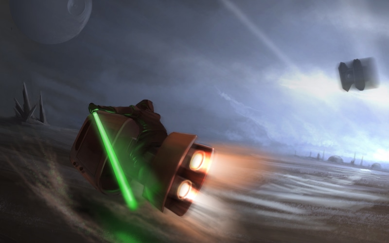 long exposure, digital, green color, speeder bike, light, TIE Fighter, lens flare, outdoors, transportation, multiple display, night, architecture
