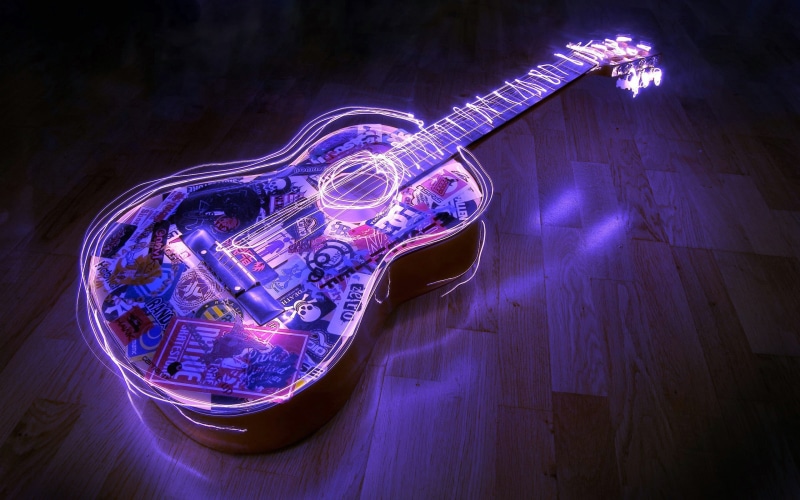 connection, night, dreadnought, guitar, high angle view, technology, 2K, arts culture and entertainment, indoors, light - natural phenomenon, architecture