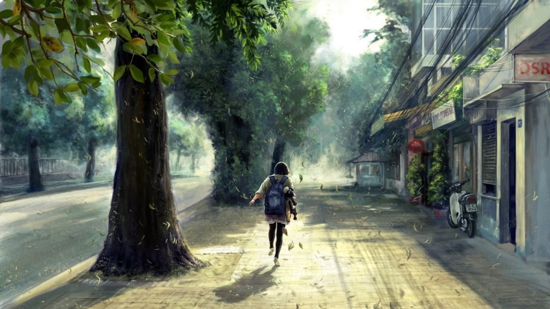 anime girls, leaves, digital art, trees, anime, spring, street, artwork, city, painting, 1080P, backpacks, stores, sunlight, school uniform, concept art