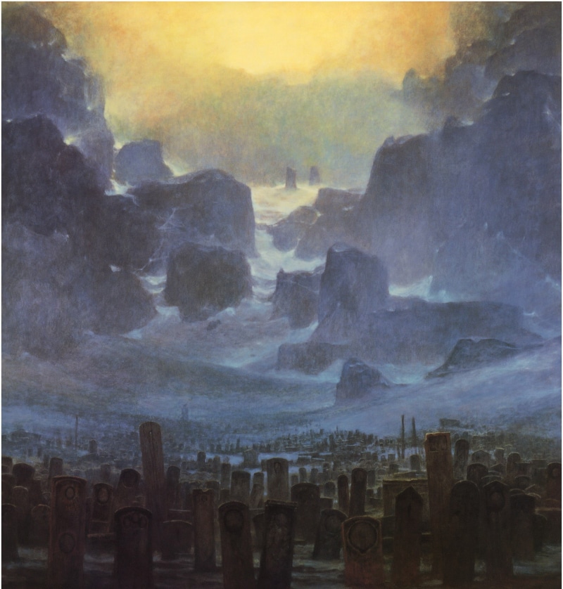high angle view, architecture, nature, street, Zdzisław Beksiński, painting, cityscape, outdoors, 720P, fog, walking, mountain, rock formation, sky, travel