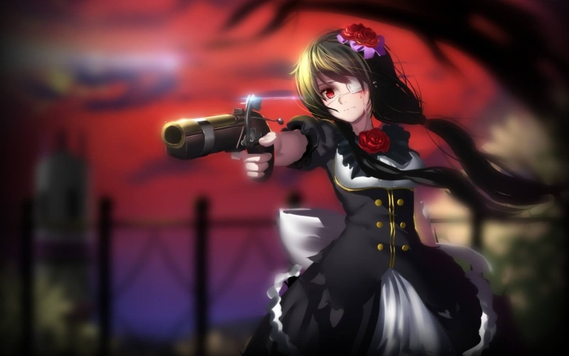 selective focus, anime, standing, clip, hair, one person, female, waist up, gun, weapon, clothing, sport, adult, hairstyle, females, 720P, focus on foreground