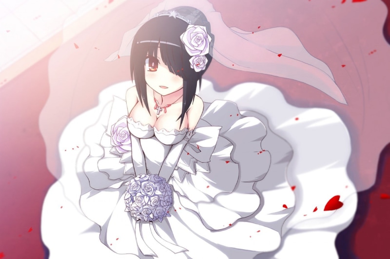 creativity, close-up, character, anime, haired, nature, plant, indoors, red eyes, wedding dress, representation, anime girls, black, female