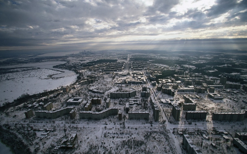 Aerial, snow, Abandon, radiation, apocalyptic, Nuclear, Dark, 720P, Deserted, winter, Chernobyl, buildings, horror, Pripyat, clouds