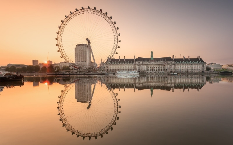 London Eye, amusement park ride, wheel, London, 1080P, city, reflection, clear sky, river, outdoors, no people, building exterior, sunset, sky, nature