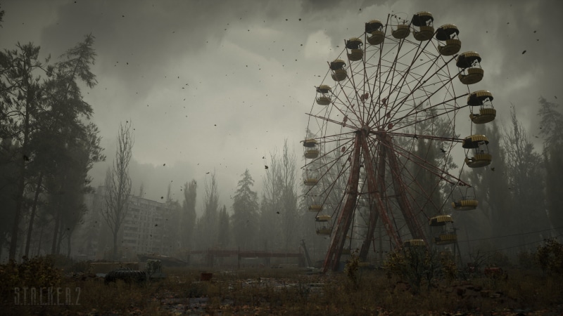 ferris wheel, apocalyptic, BTR-80, wind, artwork, Pripyat, S.T.A.L.K.E.R.: Call of Pripyat, 4K, abandoned, nature, trees, tire, S.T.A.L.K.E.R.