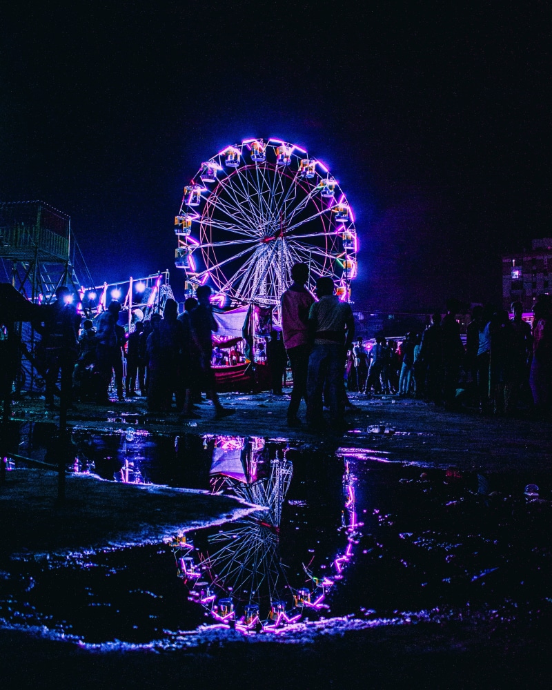 traveling Carnival, moody, night, holiday, 4K, visual, group Of People, water rain, candid, water, ferris Wheel, fun, celebration, rain, wheel, reflection