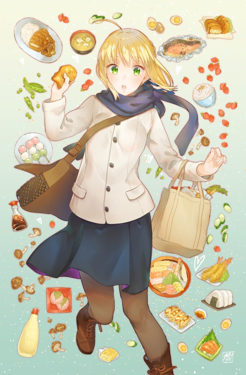 720P, smiling, food, fun, women, fruit, Fate Series, sweet food, front view, Fate/Stay Night, holding, Arturia Pendragon, one person, Saber, anime girls
