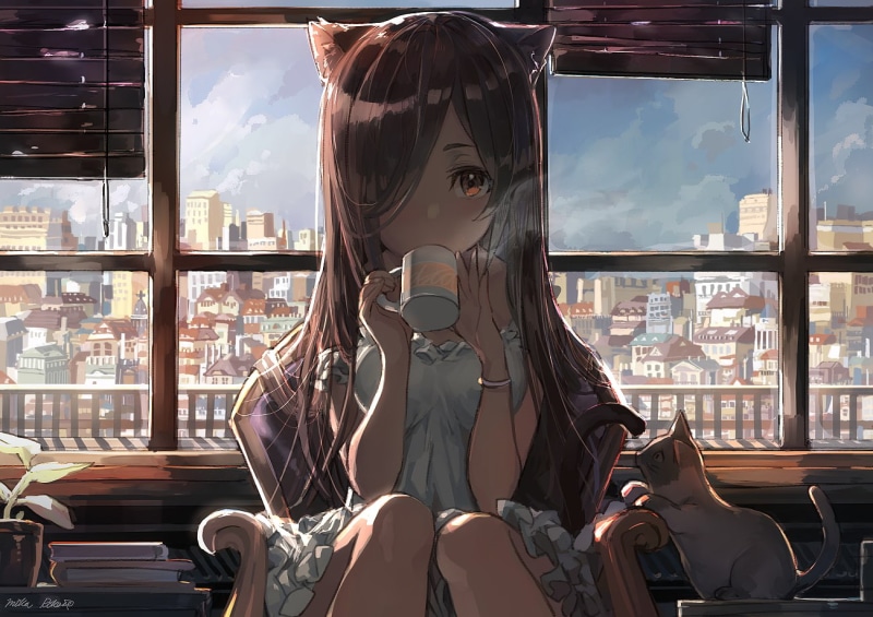 anime, books, anime girls, cat, nekomimi, white dress, tea, sky, brown eyes, city, 720P, plants, mika pikazo, window, coffee, cup