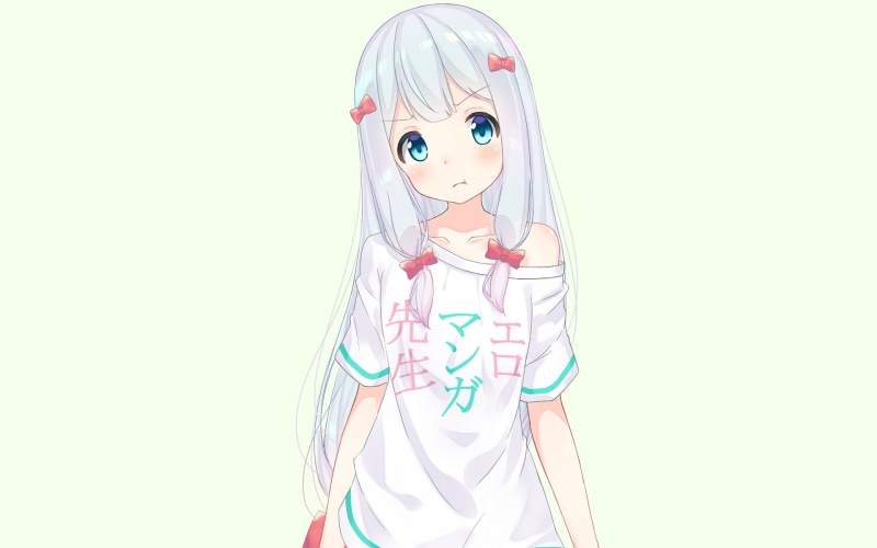 Eromanga-sensei, blue eyes, anime girls, simple background, Izumi Sagiri, white skin, anime, 1080P, white background, white hair, loli, fan art