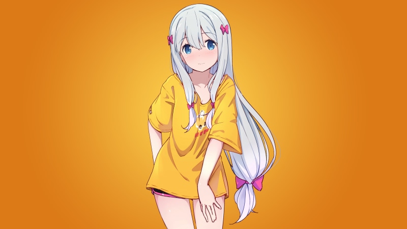white skin, blue eyes, fan art, 4K, anime girls, white hair, loli, Eromanga-sensei, Izumi Sagiri, anime, casual, orange, yellow
