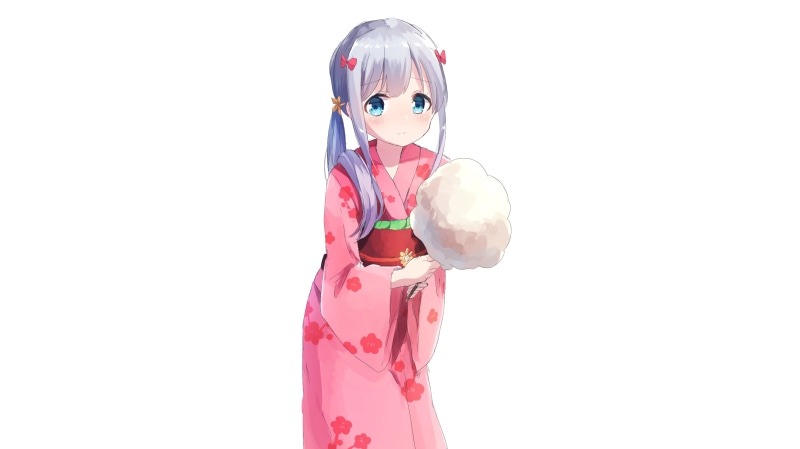 simple background, portrait, 2K, white skin, one person, copy space, human representation, studio shot, child, yukata, pink color, Izumi Sagiri, fan art