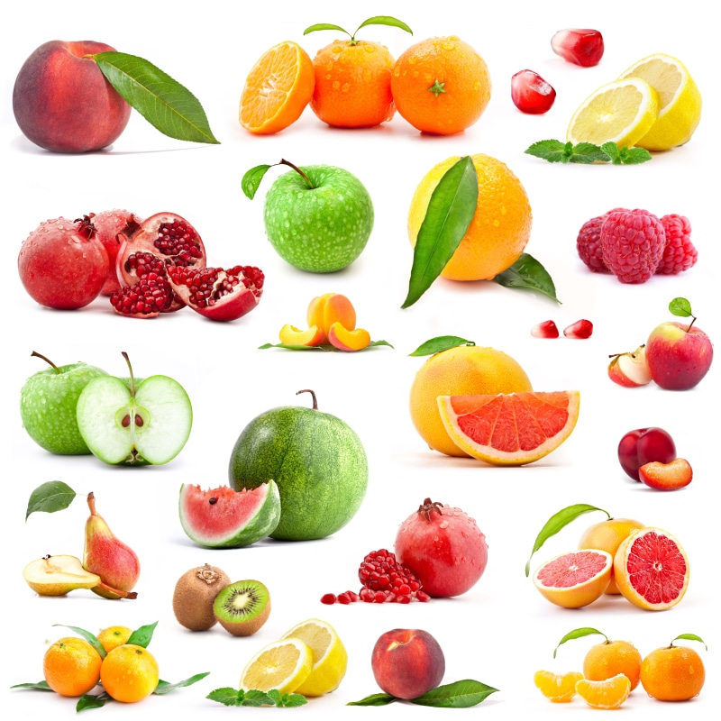 white background, still life, kiwi (fruit), food and drink, freshness, variation, pepper, large group of objects, 8K, strawberry, no people, assorted