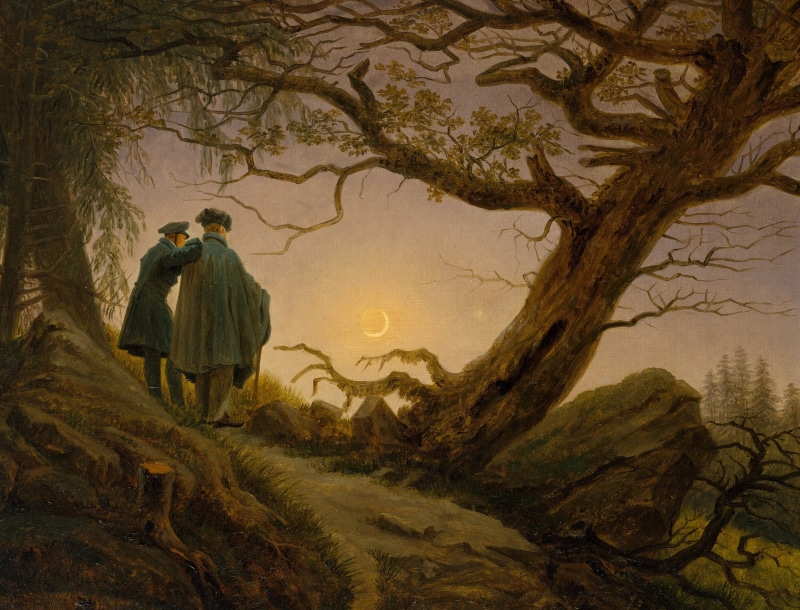 picture, Caspar David Friedrich, Two Men Contemplating The Moon, tree, 2K, landscape
