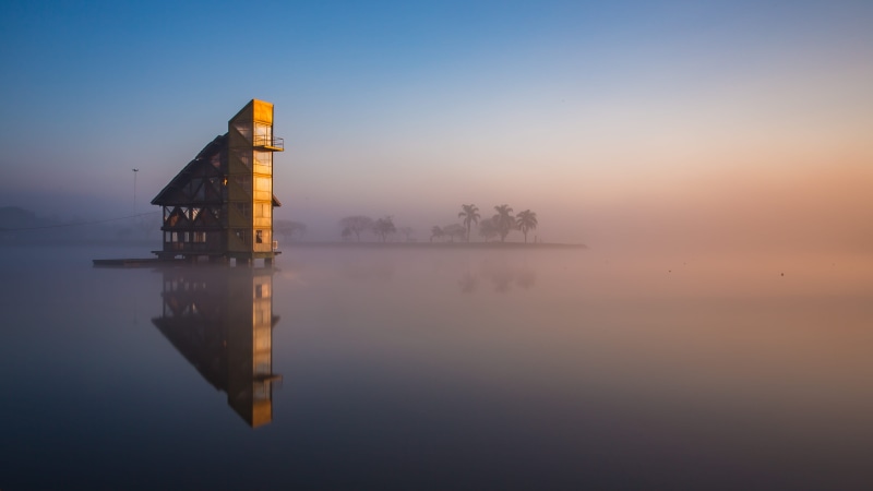 tranquil scene, built structure, curitiba, building exterior, tranquility, fog, minimalism, architecture, scenics - nature, calm, contemplation, sky, sunset