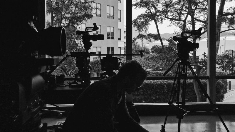 real people, contemplate, city, camera - photographic equipment, tree, lifestyles, photographer, cameras, burbank, plant, nature, filmmaking, technology