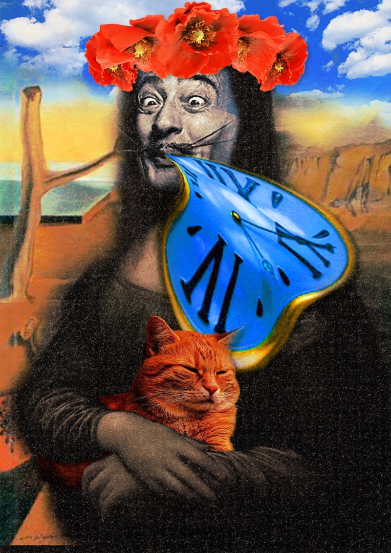 the smile of the mona lisa, soft watch, multi colored, picture, fresco, male likeness, portrait, clock, nature, creativity, cat, blue, no people, collage