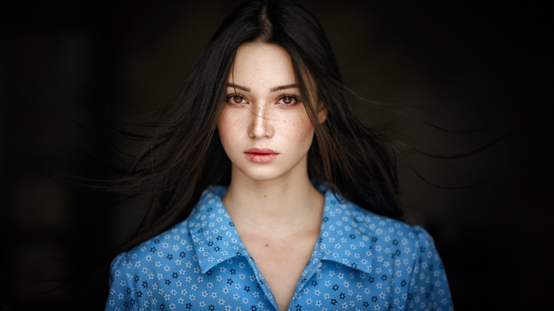 women indoors, long hair, depth of field, Georgy Chernyadyev, face, model, 1080P, portrait, Mariya Volokh, brunette, dress, women, indoors, freckles, brown