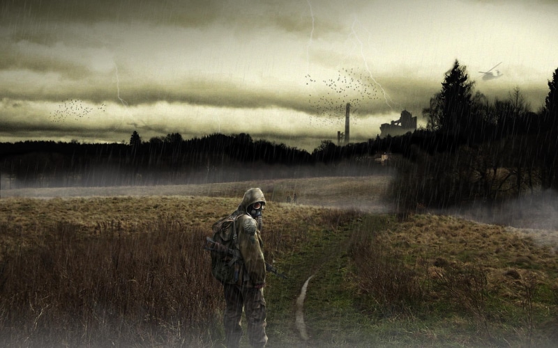 disaster, destruction, 1080P, hoodie, person, mask, field, solitude, wearing, lonely, post, illustration, ruins, apocalypse, 3d, landscape