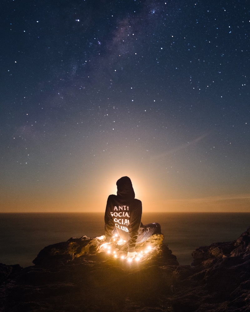 sky, introvert, string, illuminated, looking, horizon, rock - Object, dark, sunrise - Dawn, astronomy, milky way, sun, lifestyles, back Lit, scenics - nature