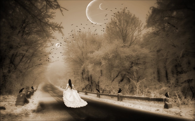 road, Sadness, Moon, mood, loneliness, fantasy, Sad, Alone, Photoshop, emotion, solitude, Gothic, People, lonely, winter, girl, 1080P