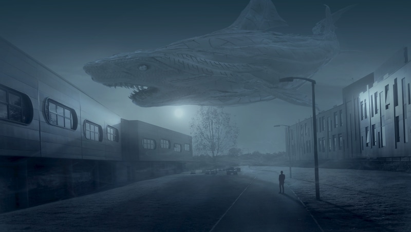 fantasy picture, animal representation, atmospheric, animal, mood, city, dangerous, animal themes, dream, horror, building exterior, atmosphere, sign, hai
