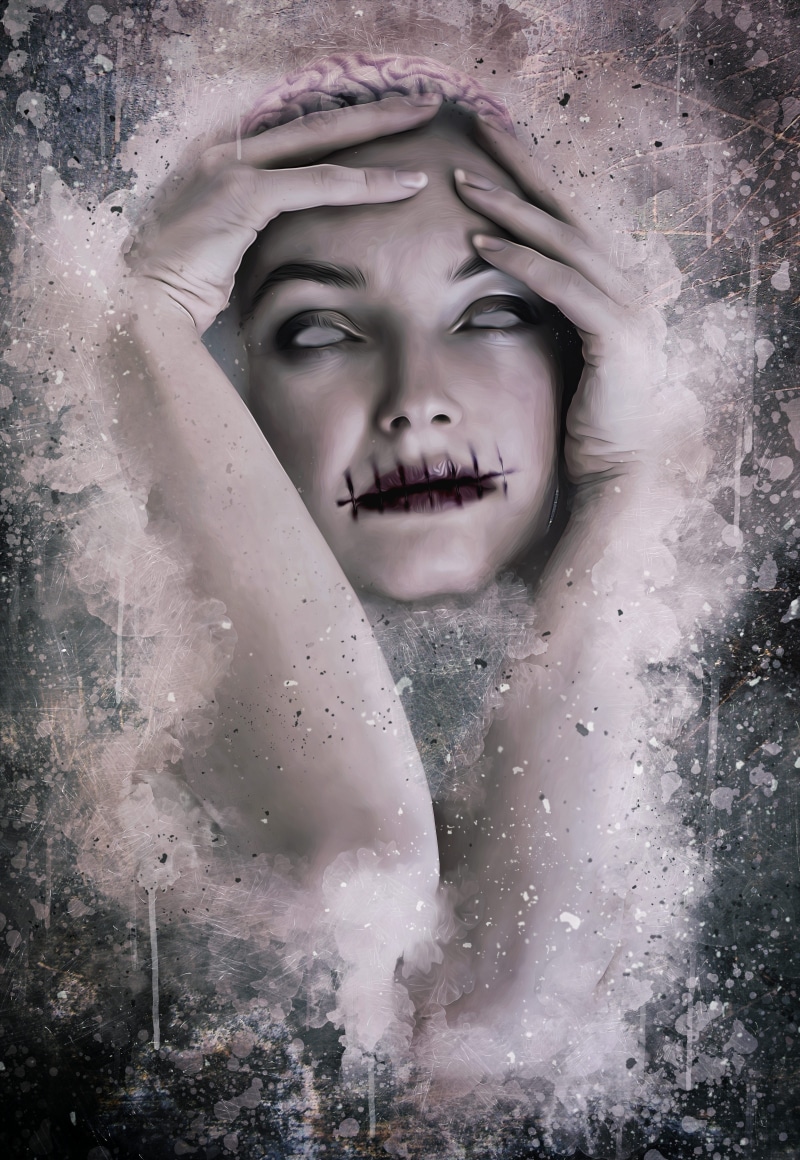frighten, young women, gothic, scratches, headshot, eerie, macabre, grunge, looking at camera, digital composite, woman, model, lifestyles, close-up, young adult