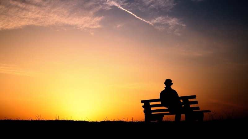 outdoors, sky, orange color, men, person, clouds, sitting, cloud - sky, photo, contemplation, sunset, 1080P, rear view, seat, photography, solitude, loneliness
