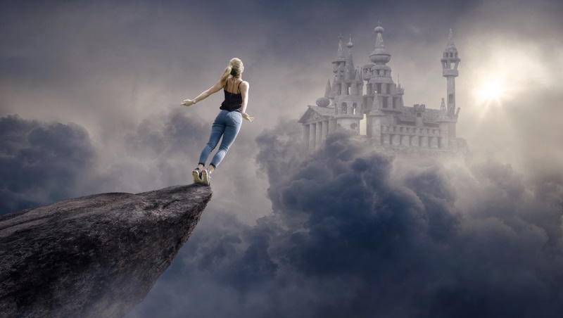 atmospheric, castle, fear of heights, balanced, cloud - sky, clouds, atmosphere, photo, standing, digital photo montage, adult, float, girl, dream, shirt