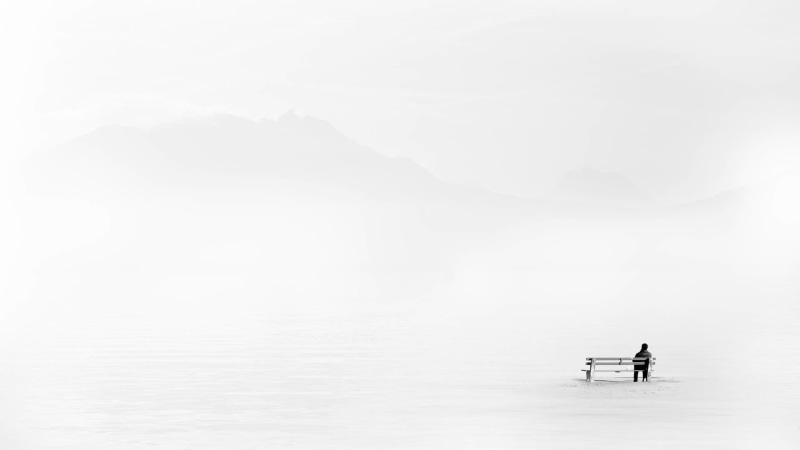 lake, mountains, minimalism, two people, landscape, sitting, men, outdoors, tranquility, rear view, lifestyles, people, tranquil scene, wooden, winter