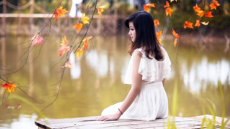 caucasian Ethnicity, dress, model, pier, human Face, trees, cute, cheerful, outdoors, wooden surface, adult, beauty In Nature, branch, autumn, park - Man Made Space