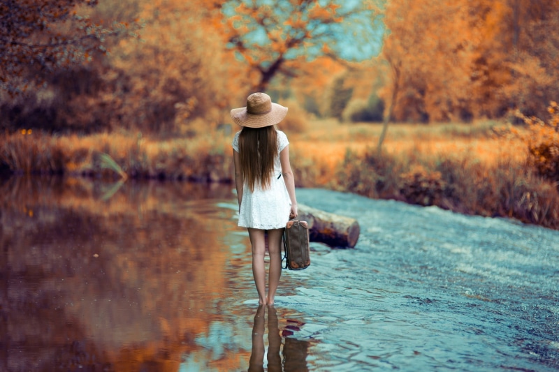 cute, hairstyle, plant, women outdoors, white dress, barefoot, rural Scene, outdoors, full length, nature, beautiful, lake, caucasian Ethnicity, relaxation