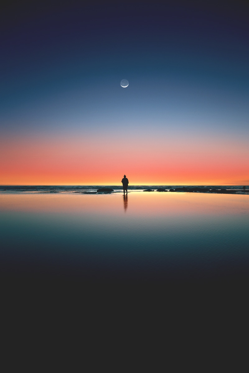 photo, 5K, Alone, person, 4K, Silhouette, Sea, Beach, Sunset, Horizon, Moon