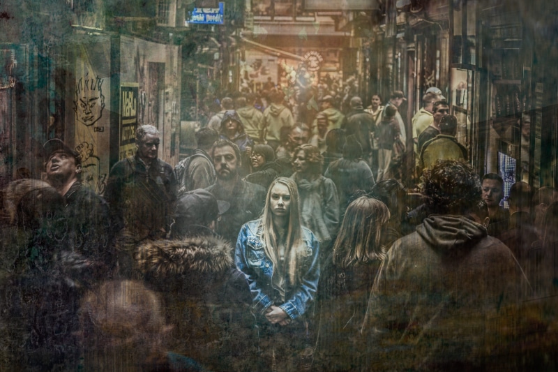 belief, dark, teenager, group of people, digital composite, woman, outdoor, built structure, stress, women, blue, unhappy, city, real people, sad, people