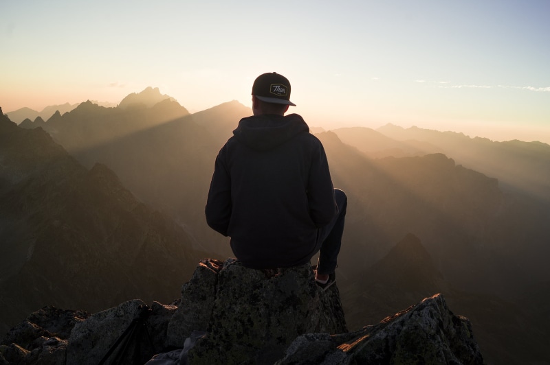adventure, man, looking at view, people, army soldier, tranquility, travel, trek, silhouette, sun, mountain range, hike, hiking, fog, male, mountain, one man only