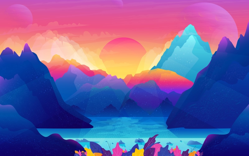 2K, Illustration, Sun, Mountains, Colorful, Gradient