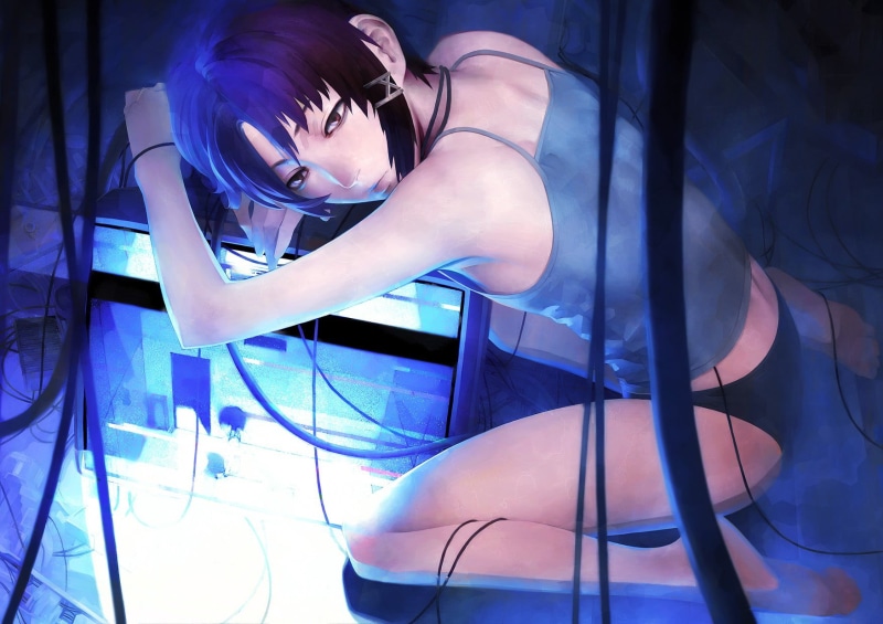 720P, clothing, Lain Iwakura, women, full length, real people, blue, young women, contemplation, lighting equipment, beautiful woman, indoors, Serial Experiments Lain