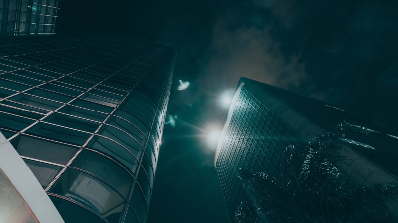 architecture, tower, no people, grey, water, sky, window, establishment, building, 5K, low angle view, building exterior, light, illuminated, glass, pollution