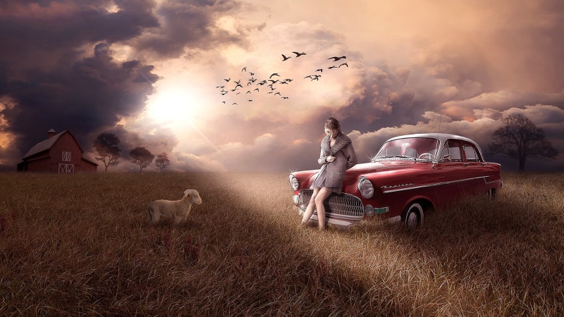 car, heartbreak, sadness, meadow, alone, sad, lamb, landscape, sunset, sunlight, romantic, girl, vintage car, sad girl, 1080P
