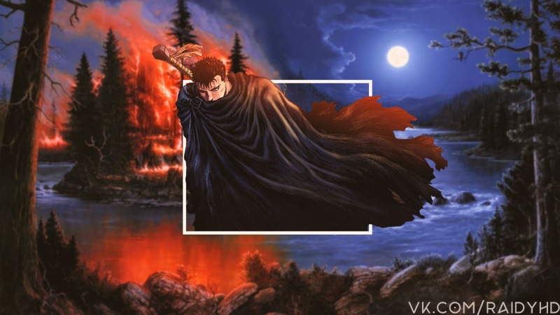 Berserk, digital composite, Guts, animal themes, picture-in-picture, anime boys, plant, night, water, animal wildlife, outdoors, anime, representation