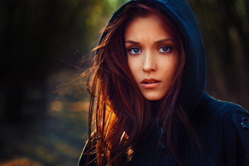 adult, hoodie, Beauty, s, tree, hood - clothing, looking at camera, land, portrait, young adult, Mood, blue, hair, beautiful woman, long hair, women, outdoors