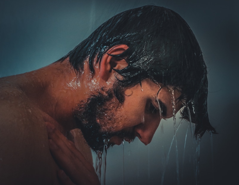 man, white, home, person, dark, caucasian, portrait, attractive, male, model, profile view, depression - sadness, mid adult, 5K, eyes closed, domestic bathroom