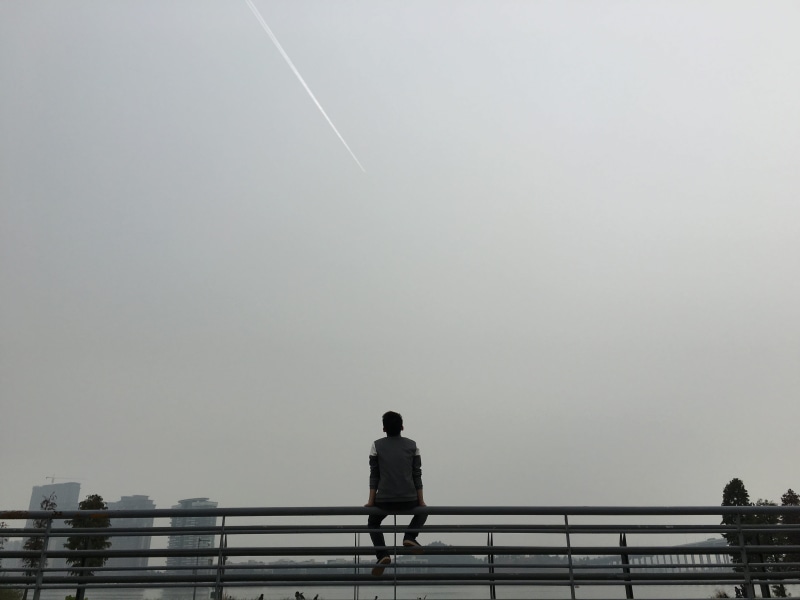 man, adults only, guangzhou university city, nature, lonely, adult, a separate, silhouette, bars, rain, fog, riverside, lifestyles, contemplation, sitting