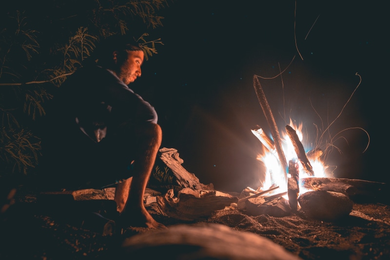 glow, 5K, sparks, flame, adult, nature, near, person, campfire, fire - natural phenomenon, motion, beside, men, camp, sits, males, camping, forest, fire