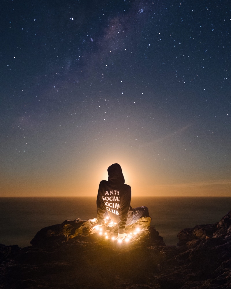 club, water, mountain, sky, black, scenics - nature, adult, rock - object, social, hoodie, Social Club, 2K, star - Space, one woman only, cliff, person