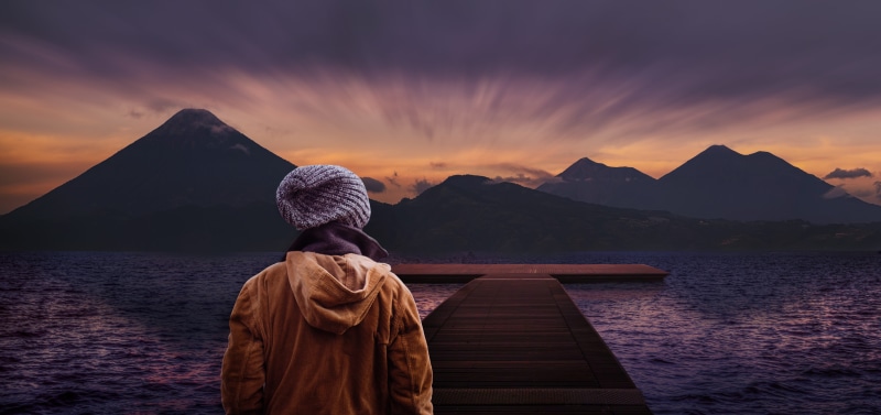 5K, surreal, man in gray, purple, tranquil Scene, mountain, photo, winter, wooden, gray, women, cap, people, beauty In Nature, mountain range, solitude