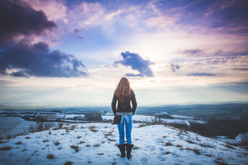 Girl, looking at view, landscape, scenics - nature, real people, sky, fantasy, nature, full length, 4K, vacations, clouds, warm clothing, panorama, caucasian Ethnicity