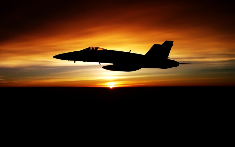 air vehicle, golden, scenics - nature, plane, orange color, mode of transportation, on the move, sunset, aircraft, FA-18 Hornet, sky, military aircraft