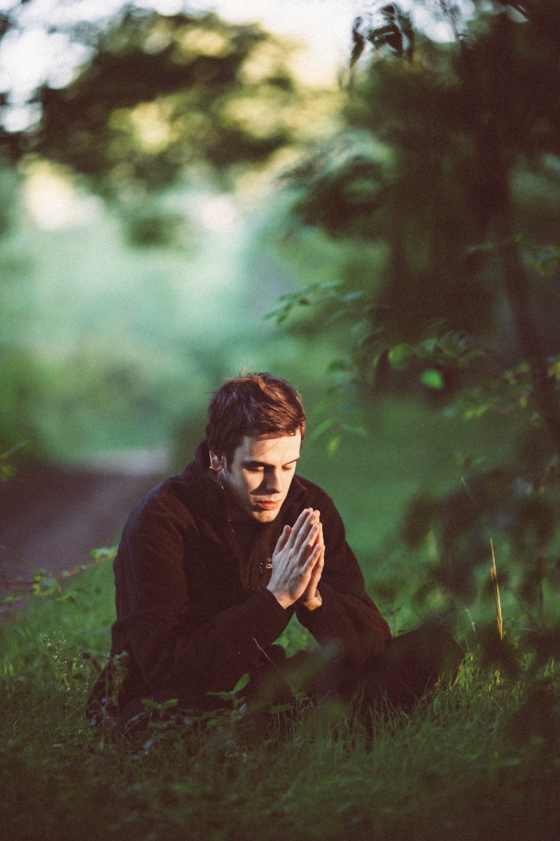 leisure activity, green, near, peaceful, teenager, black coat, day, namaste, serene, land, plant, contemplation, pray, young women, divine, lifestyle, person