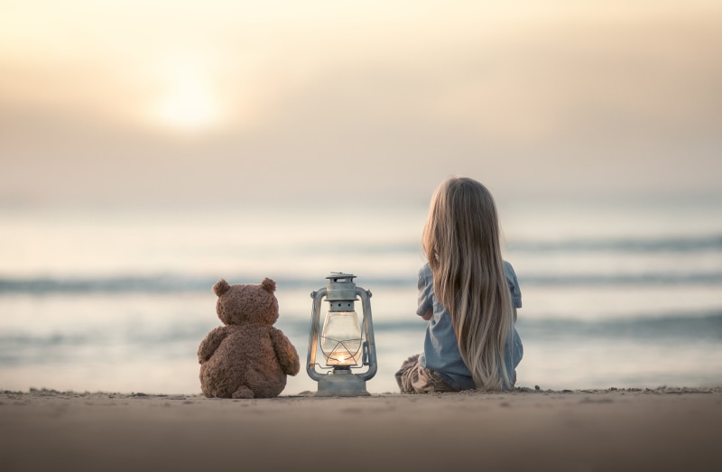 Teddy bear, sand, sea, beauty in nature, beach, sunset, toy, 2K, one person, mood, leisure activity, nature, sky, scenics - nature, tranquility, sitting